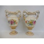 A pair of fine 19th Century Meissen floral decorated vases with snake entwined handles, 18 1/2"