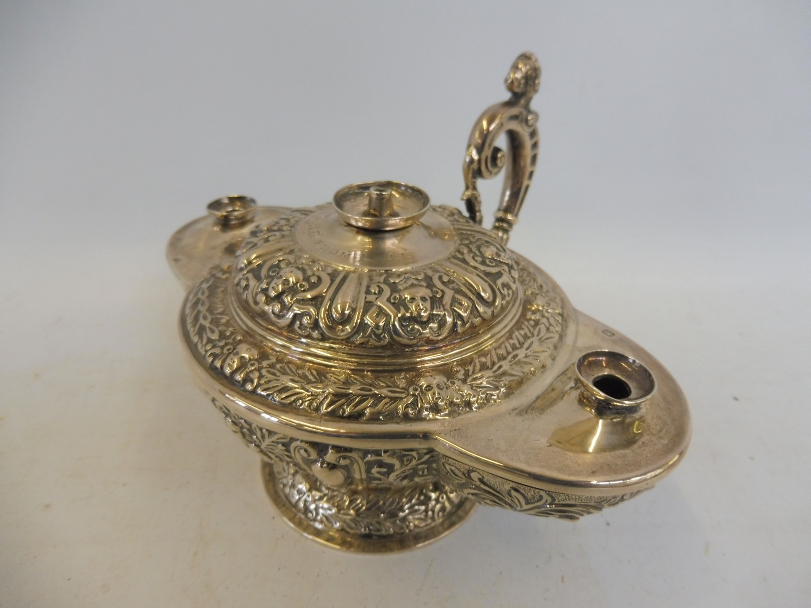 An unusual silver oil lamp, London 1903, Mappin & Webb.