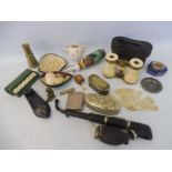 A tray of assorted collectables including pipes, cased ivory dice, a small ivory fan etc.