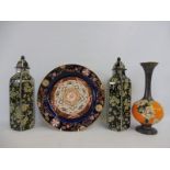 A large Victorian Masons Ironstone charger, an unusual pair of Royal Doulton hexagonal lidded
