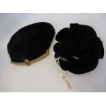 A black velvet evening purse with Art Deco enamelled closure plus a velvet and creped silk hair
