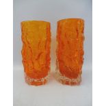 A pair of Whitefriars tangerine baxter bark vases, 6" high.