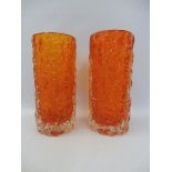 A pair of Whitefriars tangerine baxter bark vases, each 7 1/2" high.