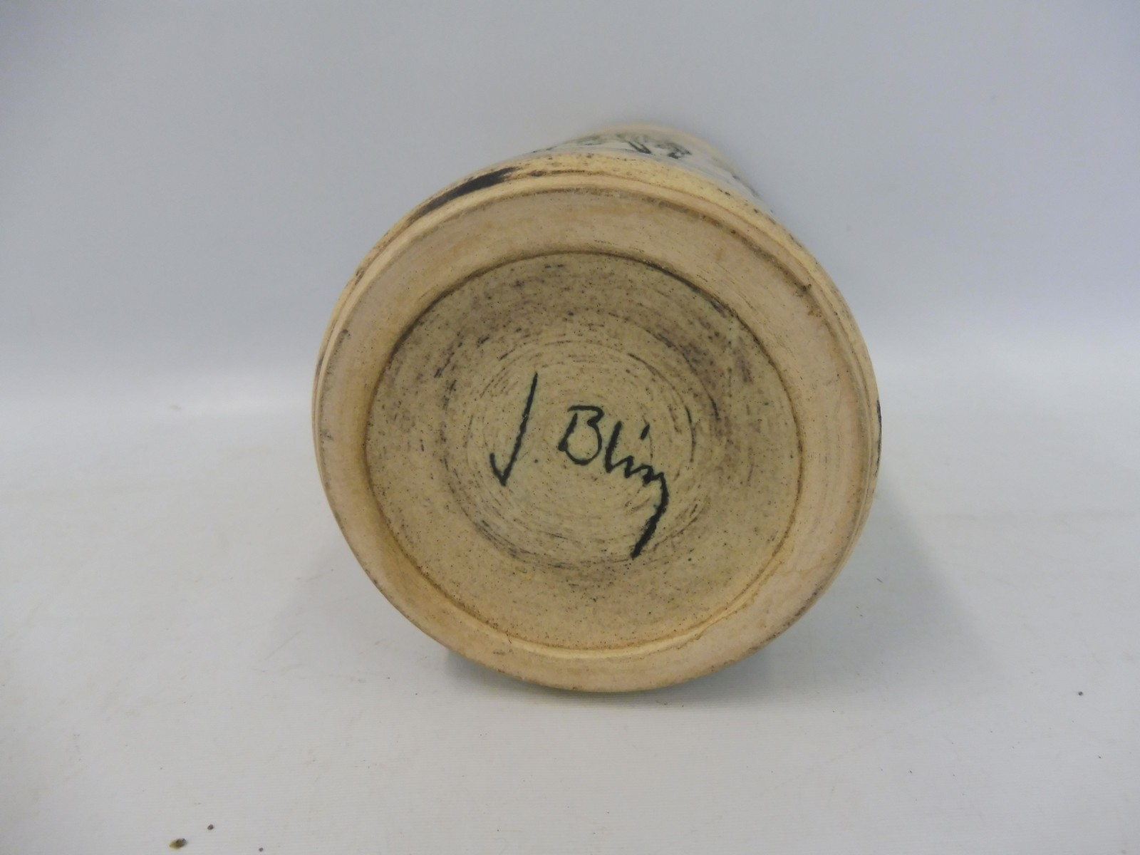 A studio pottery vase, possibly Scandinavian, with incised naive decoration of animals, signed to - Image 3 of 4