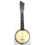 Metal bodied ukulele banjo, un-named but dating from the 1920s. Open backed, nickel plated body with