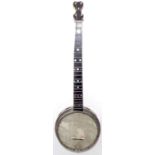 A five string Daniels Patent banjo circa 1890s. Stamped Daniels Patent. 112 Leadenhall st. EC. A