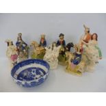 Four Victorian Staffordshire figures, three reproduction Staffordshire figures and a blue and