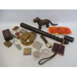 A box of mixed collectables to include a wooden truncheon, a Poole pottery dish, a nut cracker in