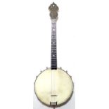 Short scale tenor banjo c. 1930, stamped "Tartini" Carved heel. Case.