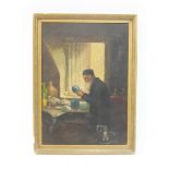 A Van Ostade - an interior scene depicting an elderly gentleman examining vases on a table, oil on