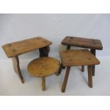 Four 19th Century primitive country stools, elm, ash, sycamore and pine.