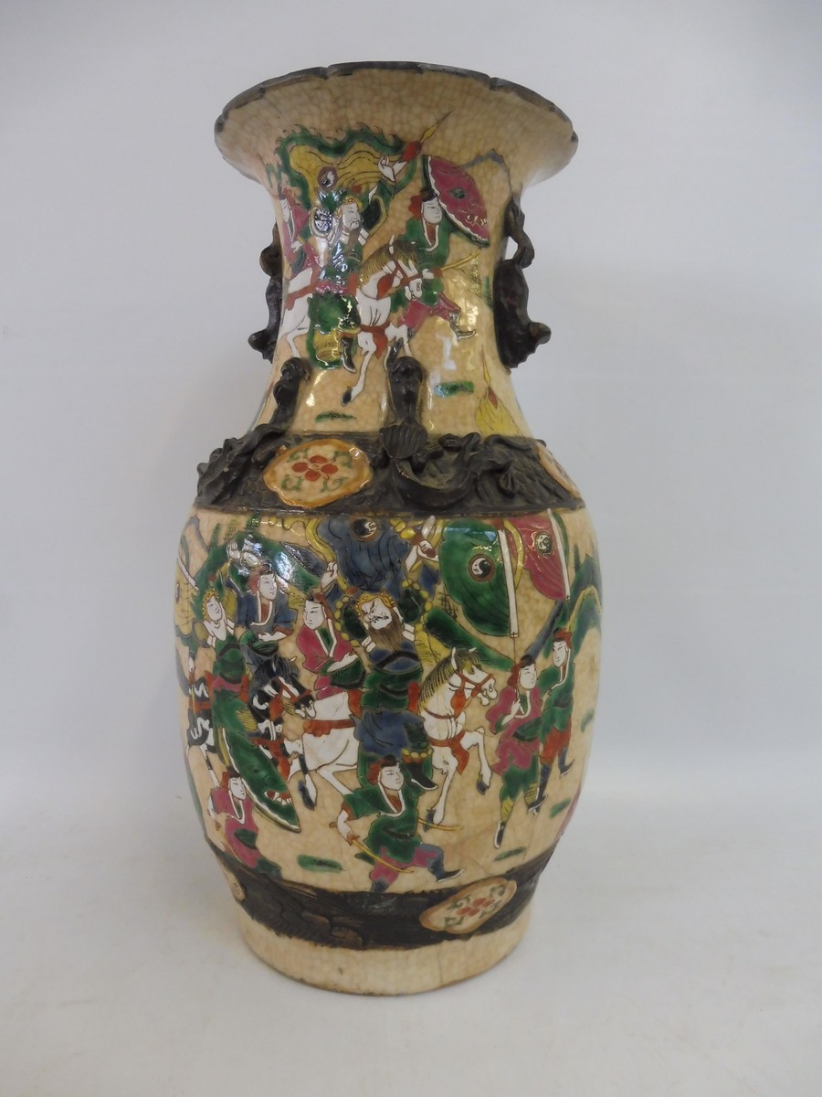 A 19th Century crackle glaze and enamelled vase, 14" high.