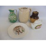 A selection of 19th Century ceramics including a harvest jug stamped G. Bradford 1902.