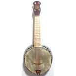 Broadcaster uke banjo circa 1930. Pearloid finish. Case.