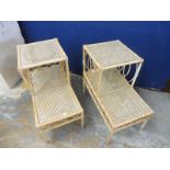 A pair of bamboo and cane covered two tier bedside tables.