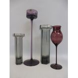 Two Wedgwood hexagonal glass vases, a tall 1960s Wedgwood amethyst coloured glass candle holder,