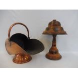 A Victorian copper coal scuttle plus a olive wood table lamp.