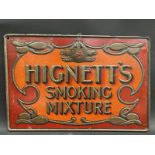 A rare Hignett's Smoking Mixture rectangular embossed tin advertising sign, 19 1/2 x 13".