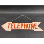 A Post Office 'Telephone' double sided directional arrow enamel sign, 23 1/2 x 5 1/2".