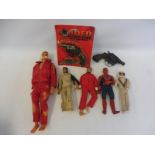 A tray of action figures to include Mego, Space 1999, Spiderman and a 6 million dollar man.