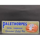 A rare Palethorpes Royal Cambridge pork sausages pictorial enamel sign with quality professional