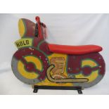 A fairground motorbike, wooden composition from an ark ride, reconditioned saddle.