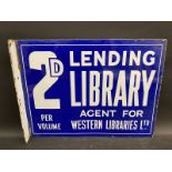 A 2D Lending Library double sided enamel sign with hanging flange, in excellent condition, with