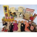 A box of mainly puppet related items and other 1960s toys including Pelham.