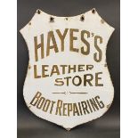 A pair of early shaped enamel signs mounted back to back advertising Hayes's Leather Store and