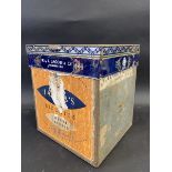 A W. & R. Jacob & Co. square biscuit tin with paper labels and glass rising lid.