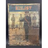 A very early pictorial tin army recruitment advertising sign, WWI period, mounted on a board for