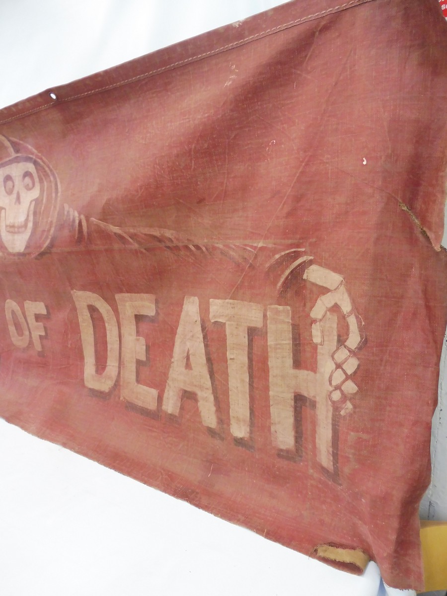 A rare fairground original artwork banner 'Wall of Death' painted on heavy canvas, 78 x 32". - Image 3 of 5