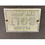 A small Please Bolt The Door rectangular chrome plated plaque, 2 3/4 x 2".