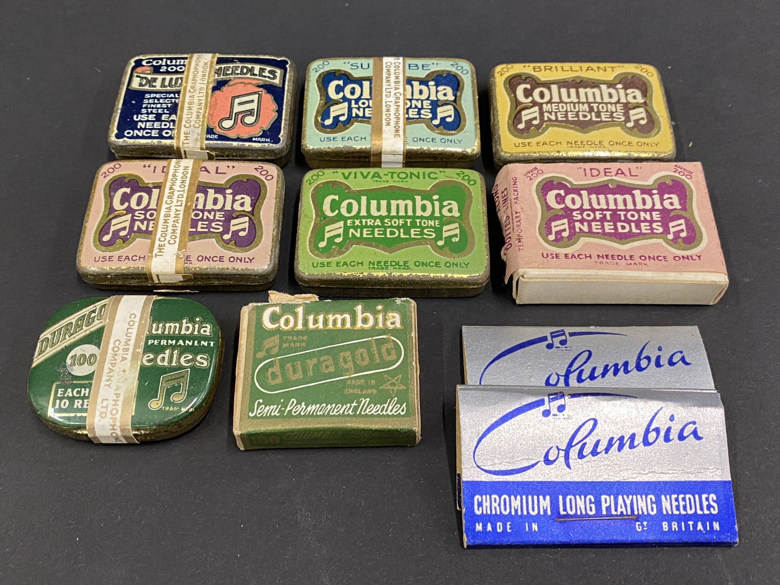Ten Columbia needle tins, some unopened.