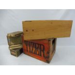 A Tizer wooden crate, a Palmer Medoc crate plus various cigar boxes.