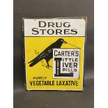 A Carter's Little Liver Pills pictorial double sided enamel sign with hanging flange, 15 x 18".