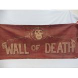 A rare fairground original artwork banner 'Wall of Death' painted on heavy canvas, 78 x 32".