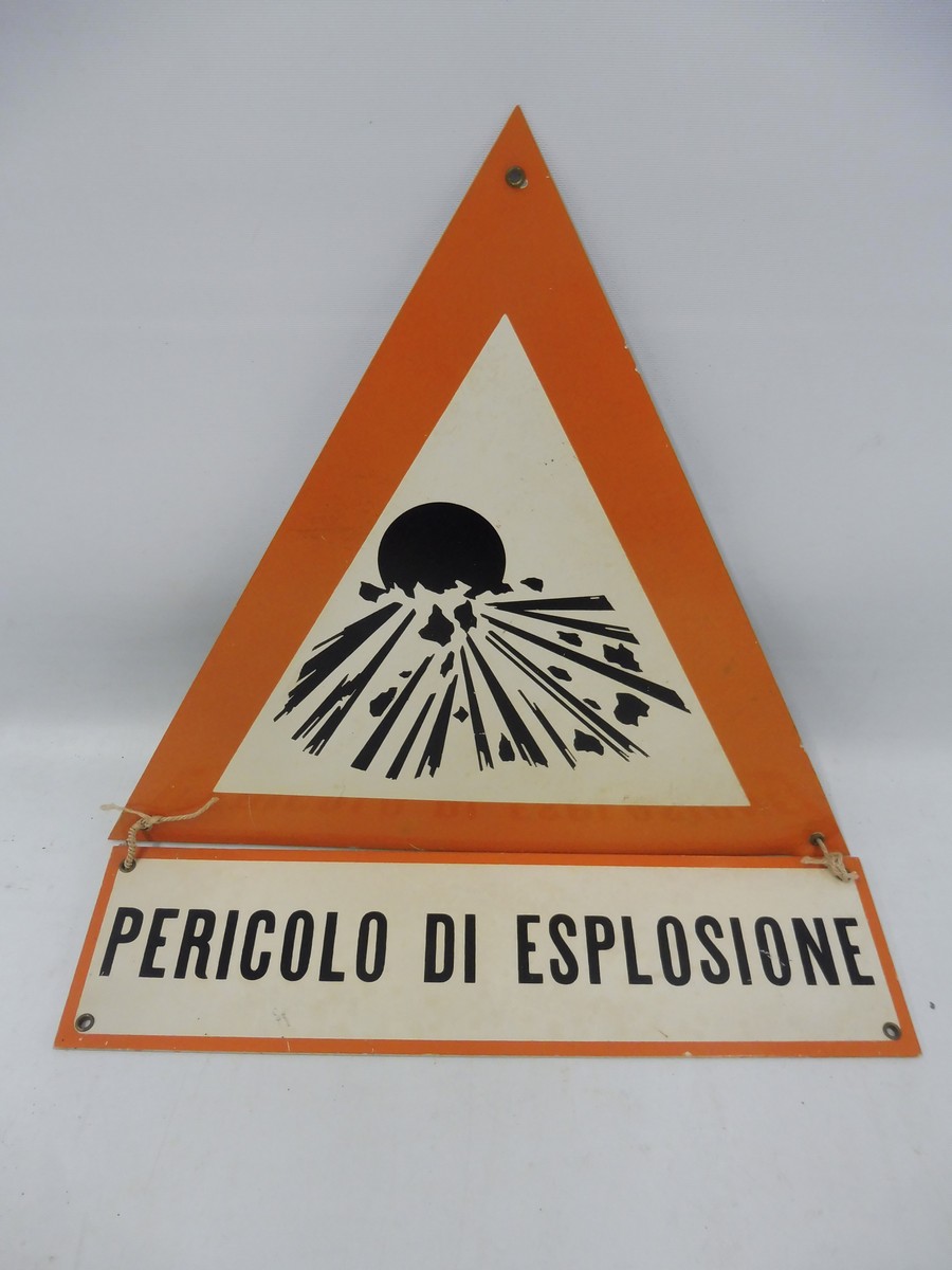 A small Italian warning of explosions, two piece advertising sign, 11 x 12 1/2".