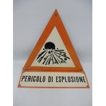 A small Italian warning of explosions, two piece advertising sign, 11 x 12 1/2".