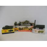 A boxed Dinky military 10-ton army truck, a Centurion tank and an AEC Artic with helicopter.