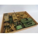 A tray of assorted Dinky Britains diecast, mainly overpainted to include German, field artillery and
