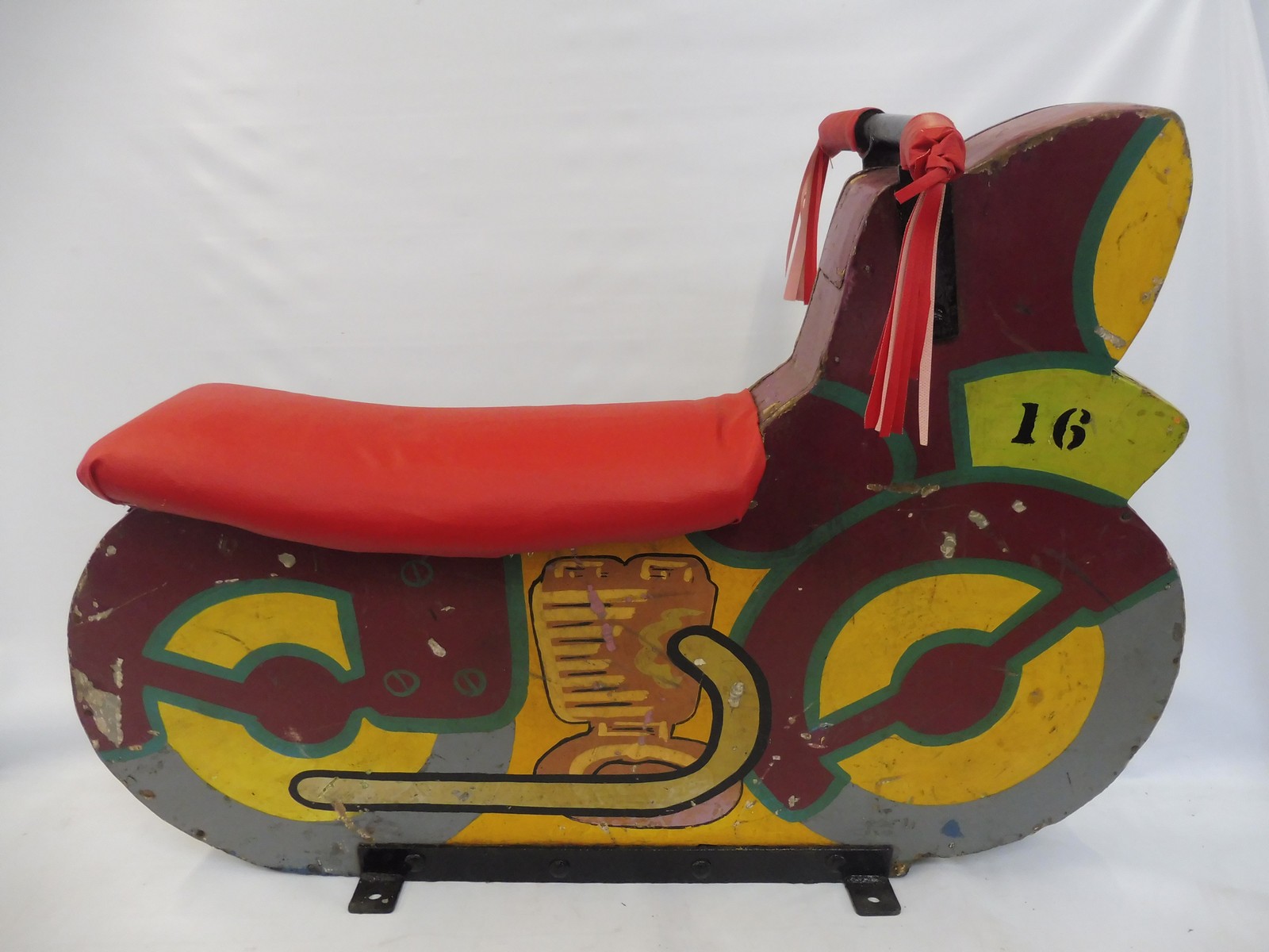 A fairground motorbike, wooden composition from an ark ride, reconditioned saddle. - Image 5 of 5