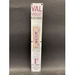 A VAL Violet Cachous pictorial narrow enamel sign from a vending machine, restored, 2 1/4 x 15 1/