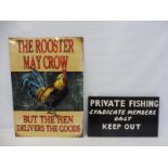 A reproduction advertising sign plus a fishing related wooden sign.