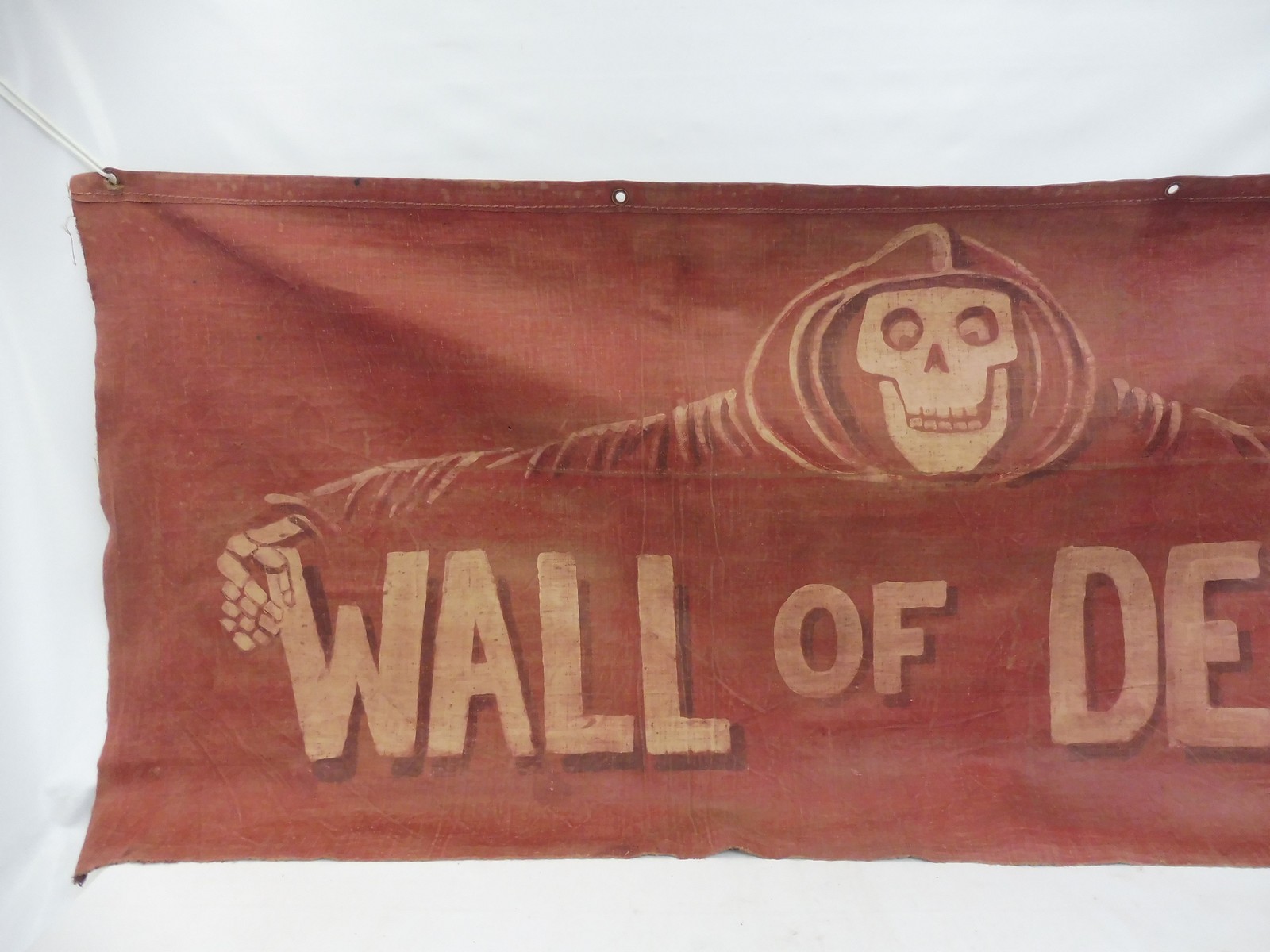 A rare fairground original artwork banner 'Wall of Death' painted on heavy canvas, 78 x 32". - Image 2 of 5