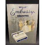 A small Wills's Embassy Cigarettes pictorial tin advertising sign, 7 1/2 x 10 1/2".