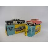 Two boxed 1960s Corgi die-cast models: Chevrolet State Patrol 223 and a Chevrolet Impala 220, models