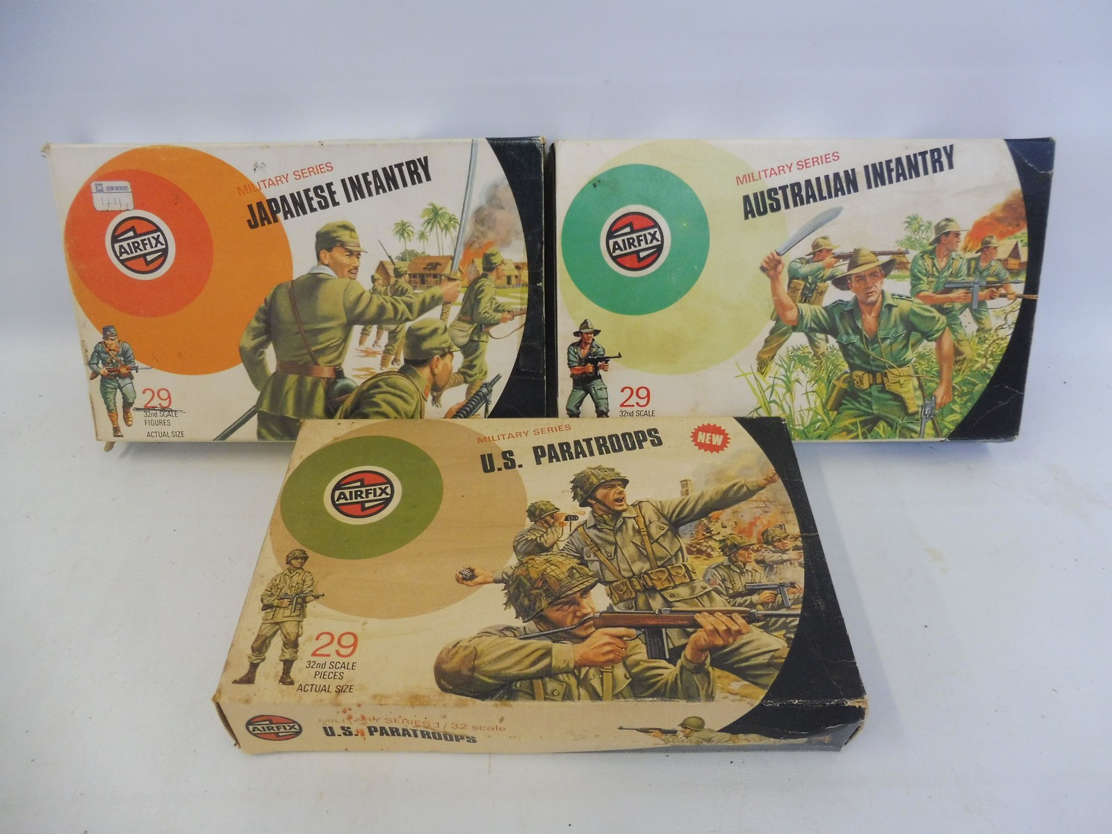 Three 1/32 scale Airfix plastic soldiers circa 1973/1975: Japanese Infantry, Australian Infantry and