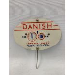 A Danish bacon oval celluloid price tag.