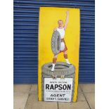 A rare Rapson North British Tyres pictorial enamel sign depicting a Scotsman standing on a stack